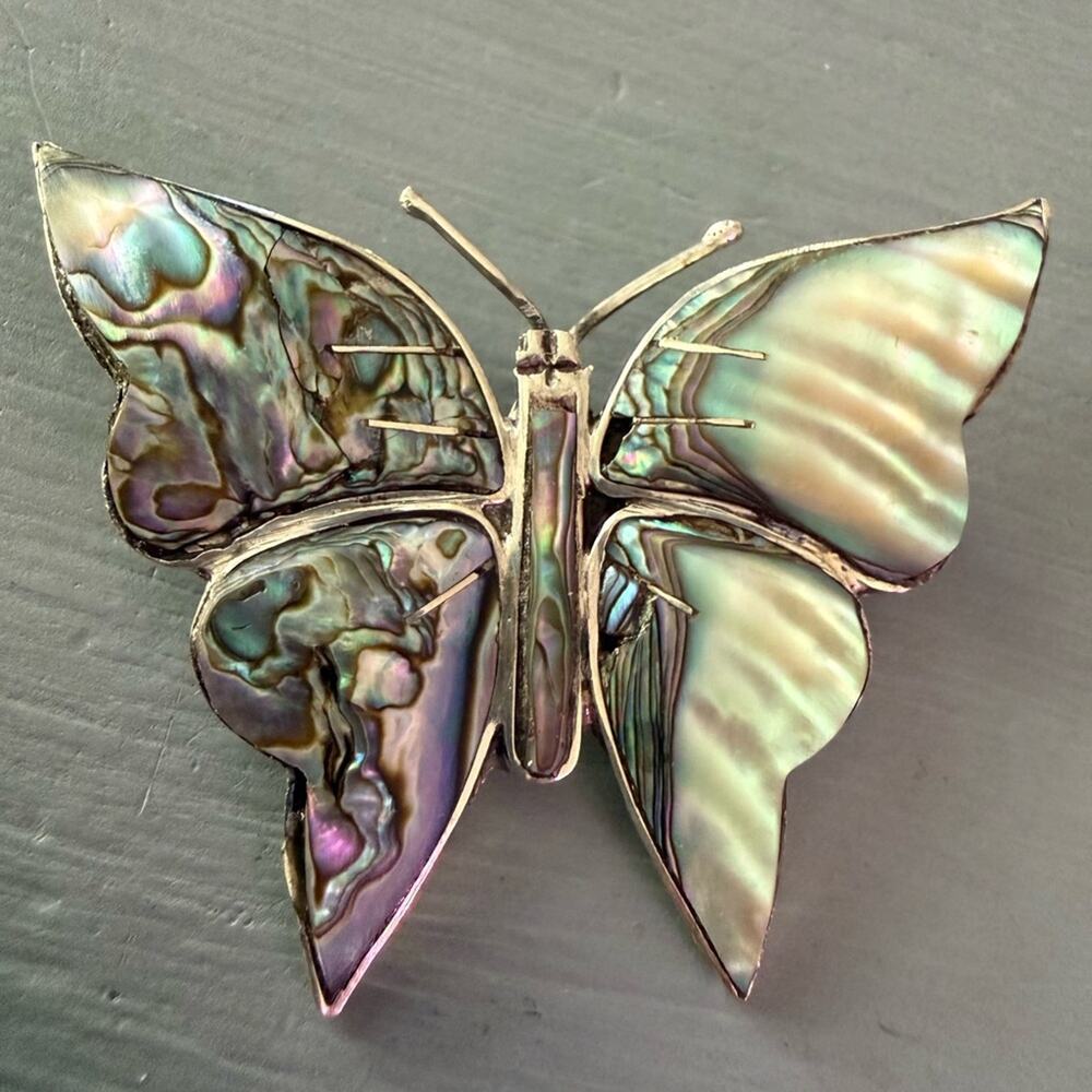 925 Sterling Silver Abalone Mexico Butterfly Pin Brooch VINTAGE - Picture 2 of 8